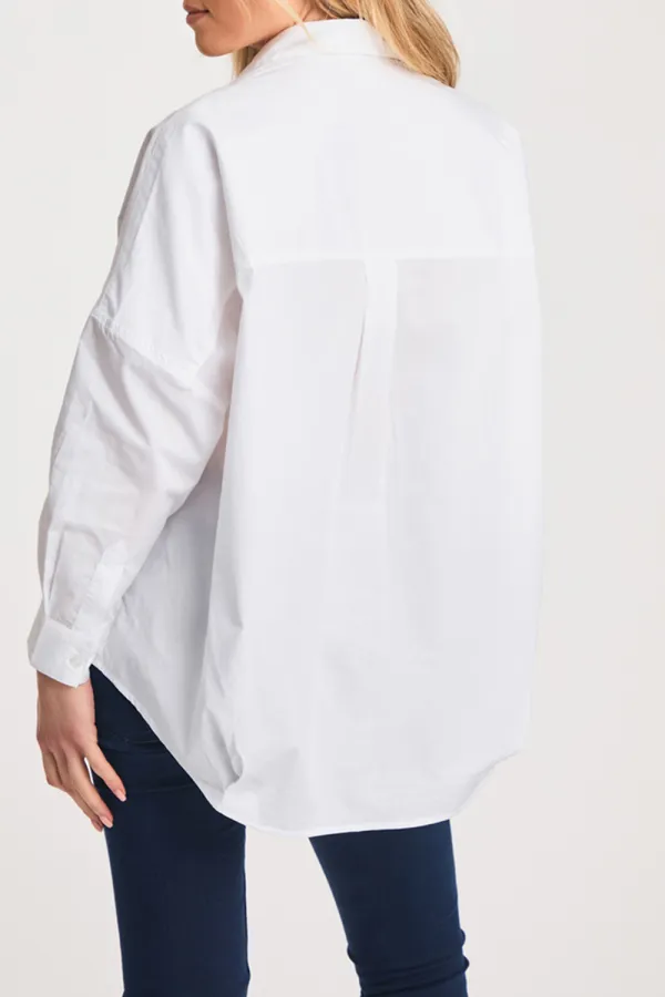 White Cotton V-Neck Lapel Shirt For Women