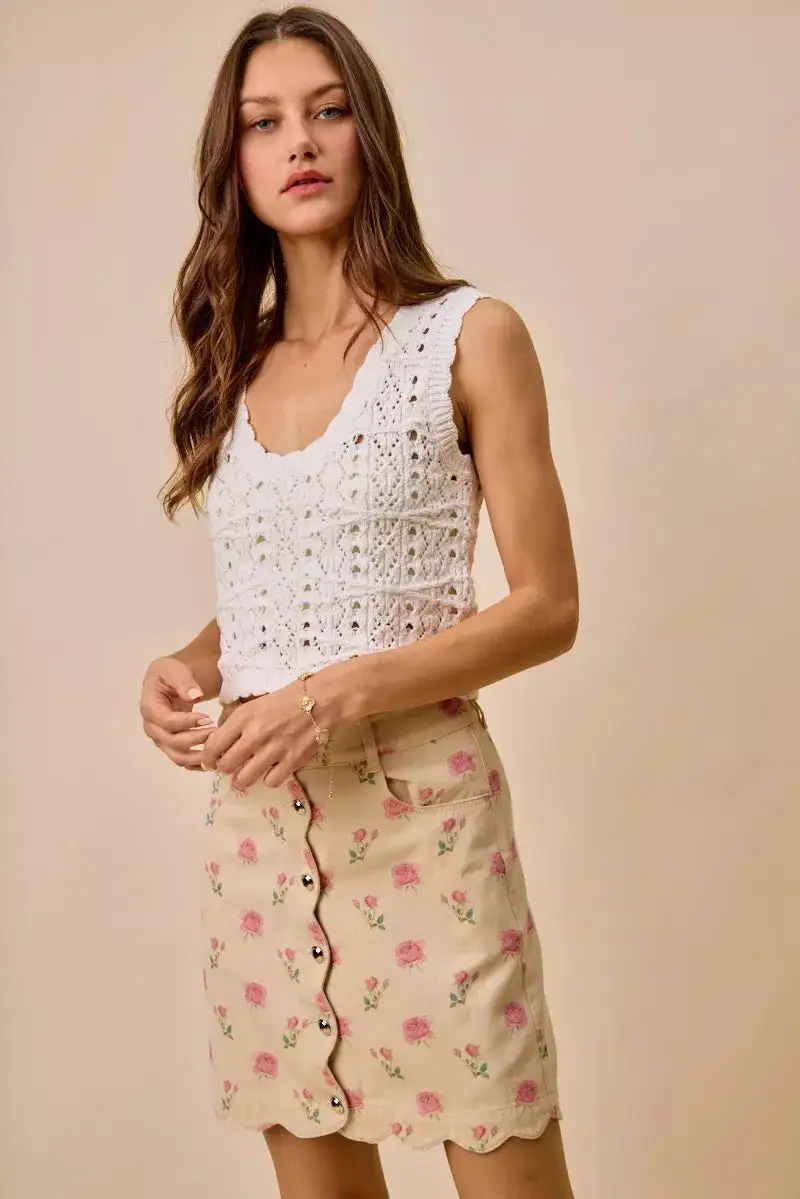 Button Front Cotton Blend Skirt