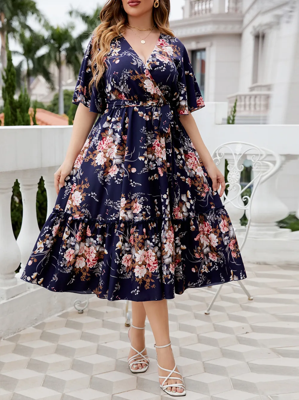 V Neck Navy Blue Printed Oversized Dress