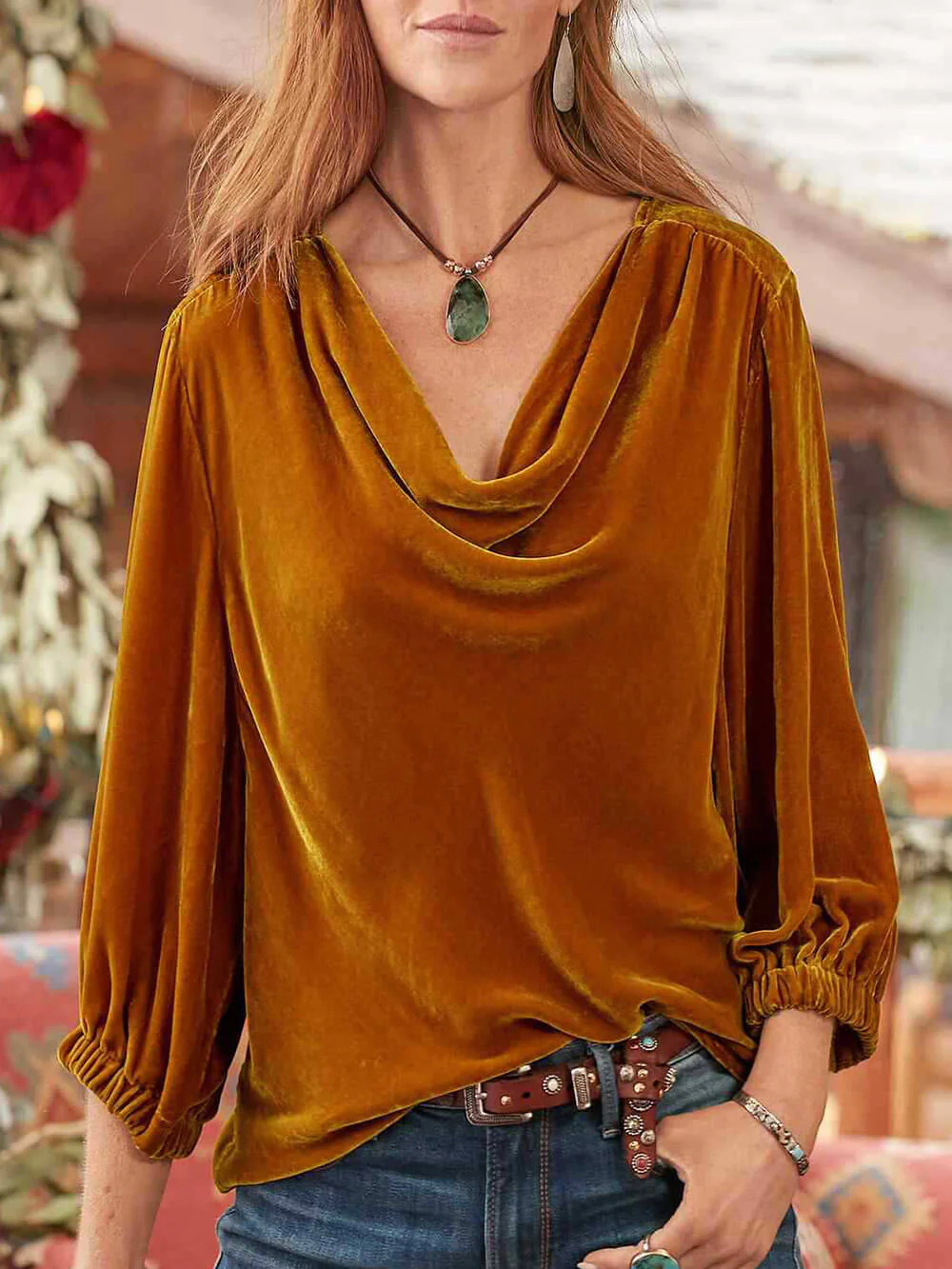 Long Sieeve Solid Velvet Pile Neck Pleated T- Shirt