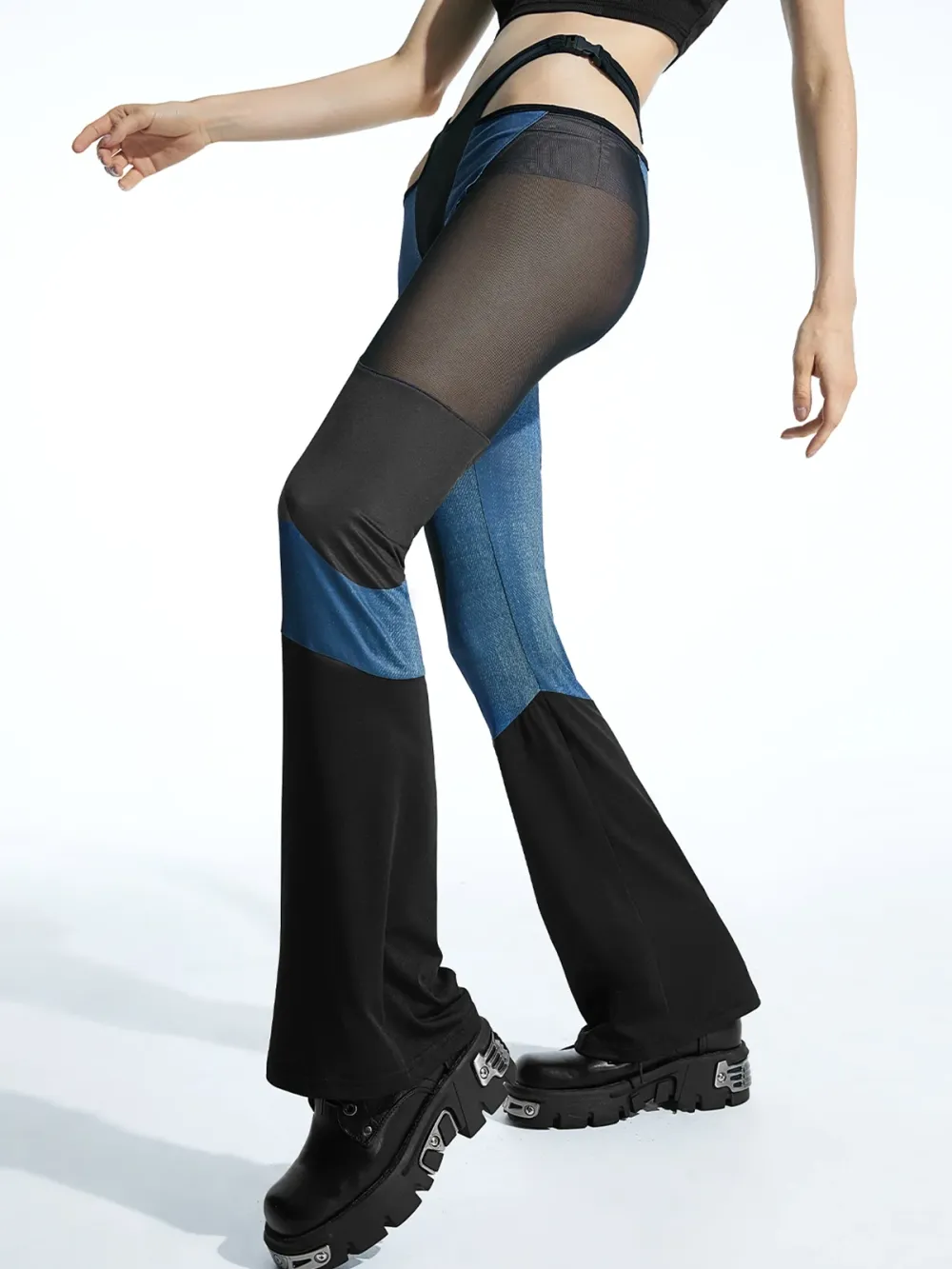 Edgy Blue Cut Out Mesh Patchwork Cyberpunk Bottom Pants