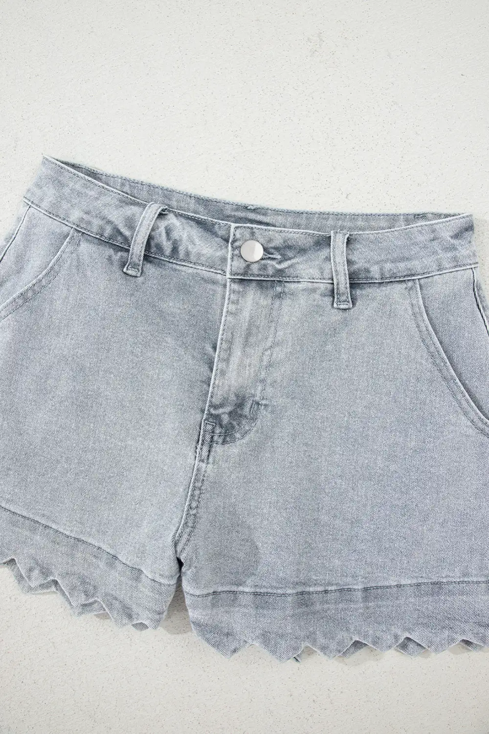 Relaxed Scalloped Hemline Acid Wash High Waist Denim Shorts