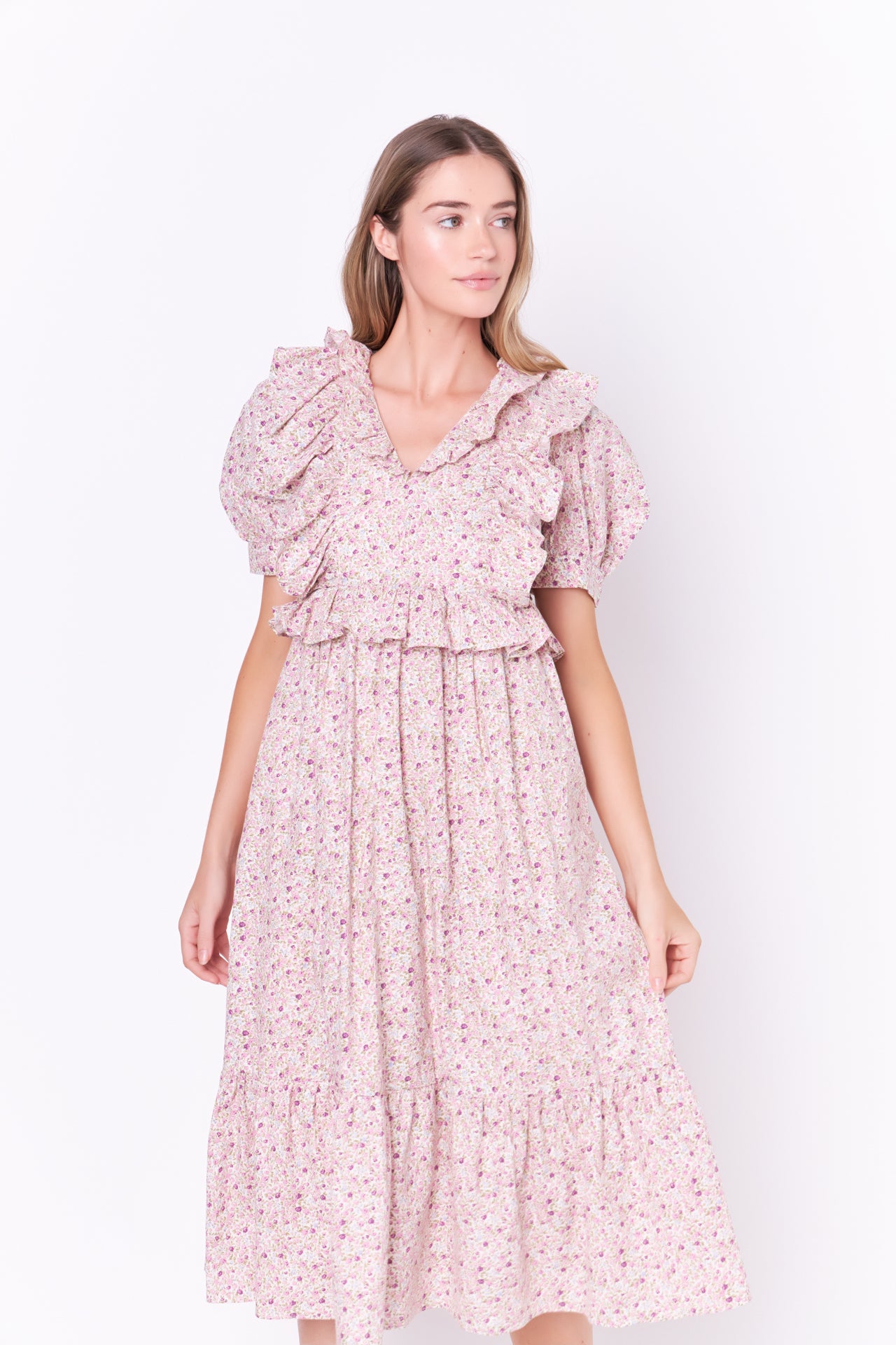 Cotton Floral Ruffled Midi Dress