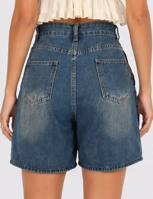 Plaid Lace Patchwork Wide Leg Denim Shorts