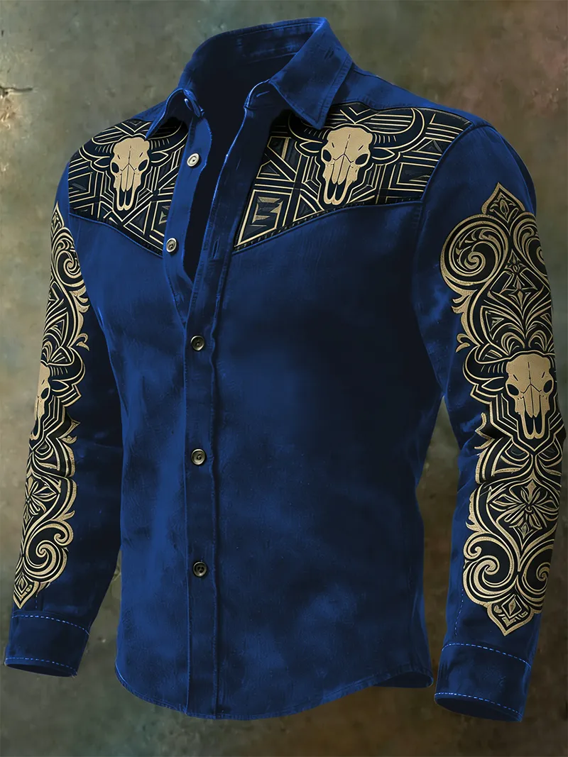 Men's Bull Skull Tribal Print Ornate Western Gothic Casual Long Sleeve Shirt