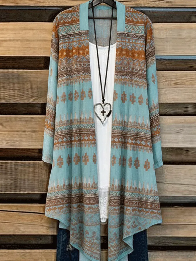 Women's Southwestern Aztec Print Open Front Long Sleeve Kimono Cardigan
