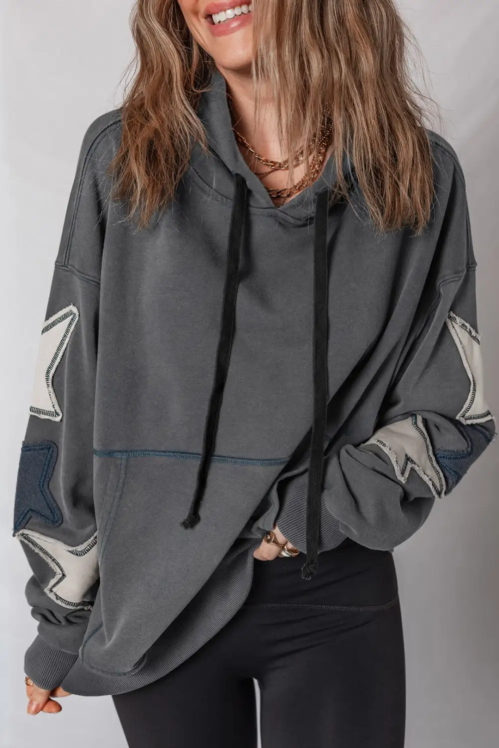 Star Accent Patchwork Mineral Wash Hoodie