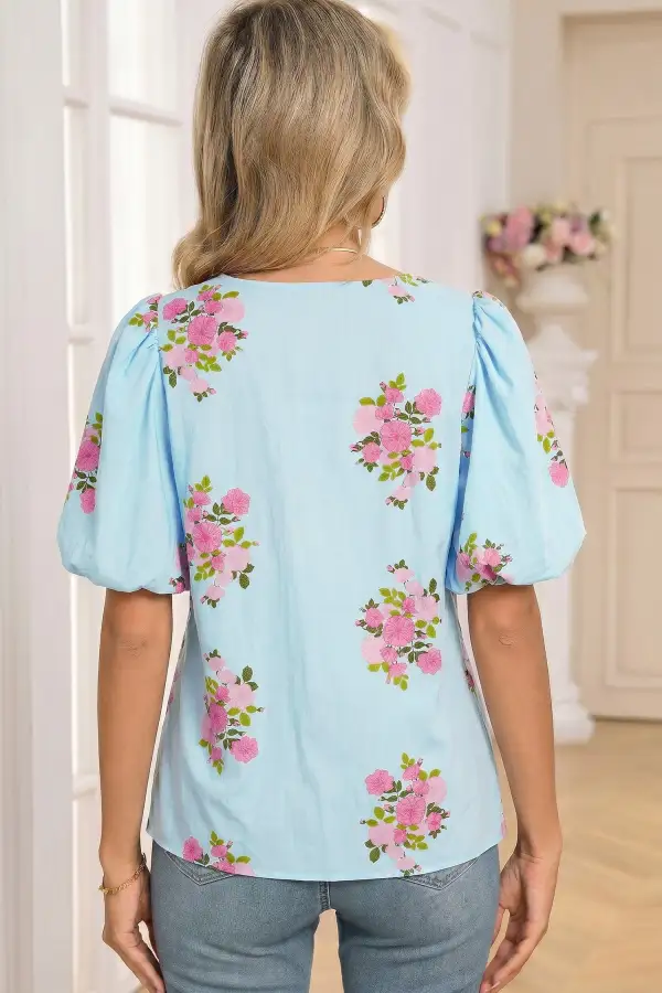 Sky Blue Floral Printed Contrast Ricrac Detail Bubble Sleeve Blouse
