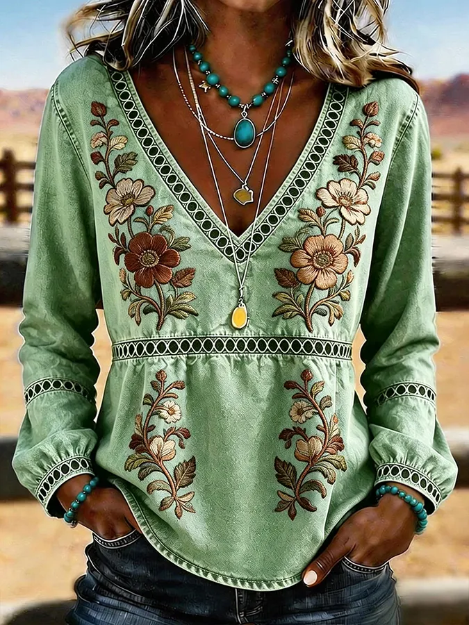 Women's Western Vintage Floral Print Casual V-Neck T-Shirt