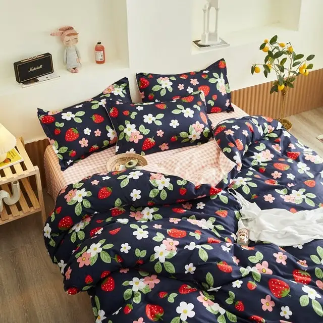 (Store Closing Sale) Flower Duvet Cover Bedding Set Peach Daisy Pastoral style Flat Bed Sheet