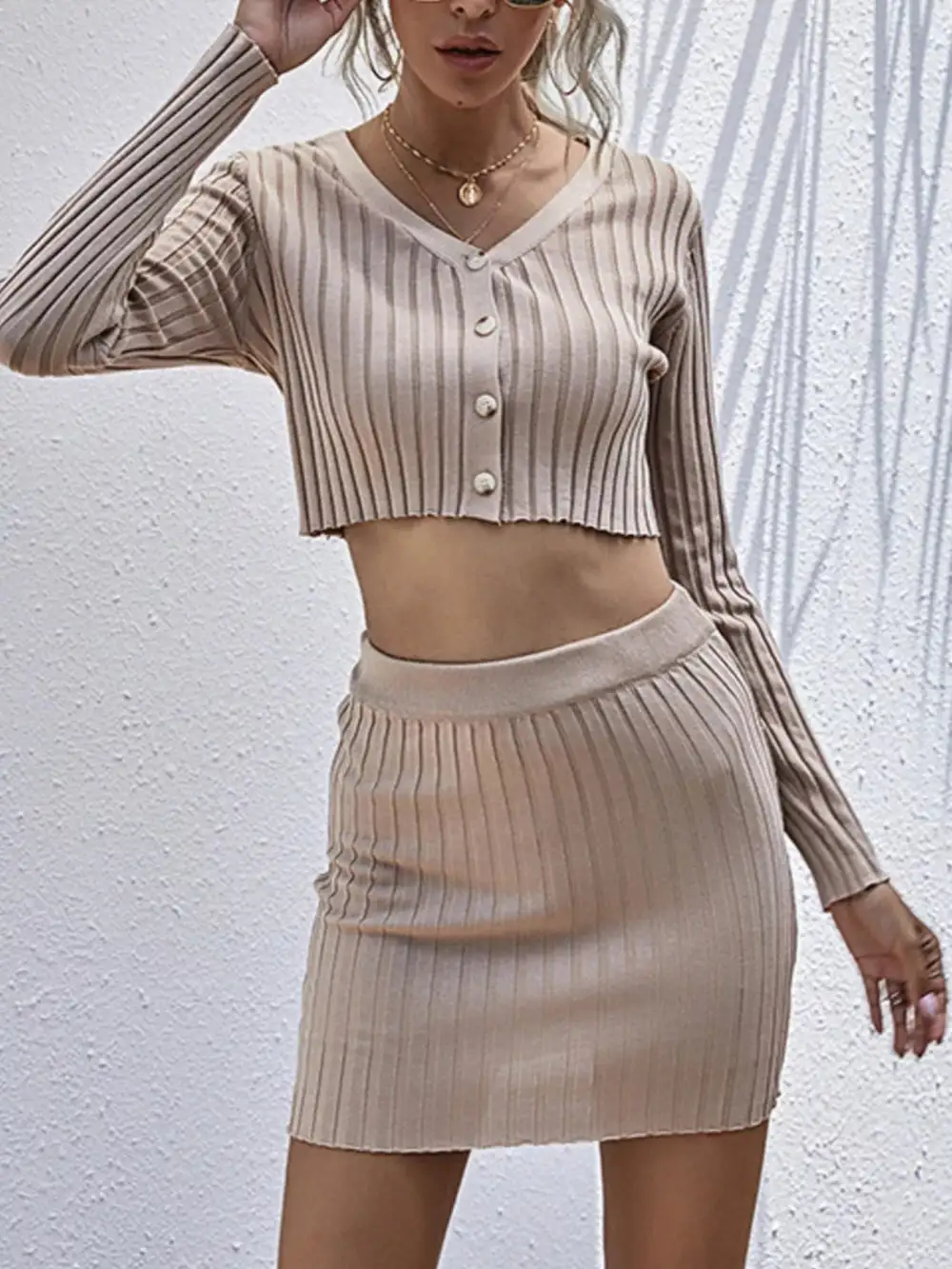 Plain Button Front Knit Detail Coordinated Set