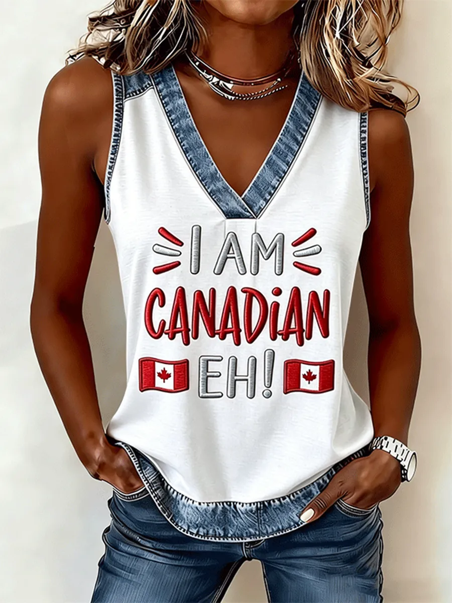 Women's I Am Canadian Eh! Denim Trim Embroidered Tank Top