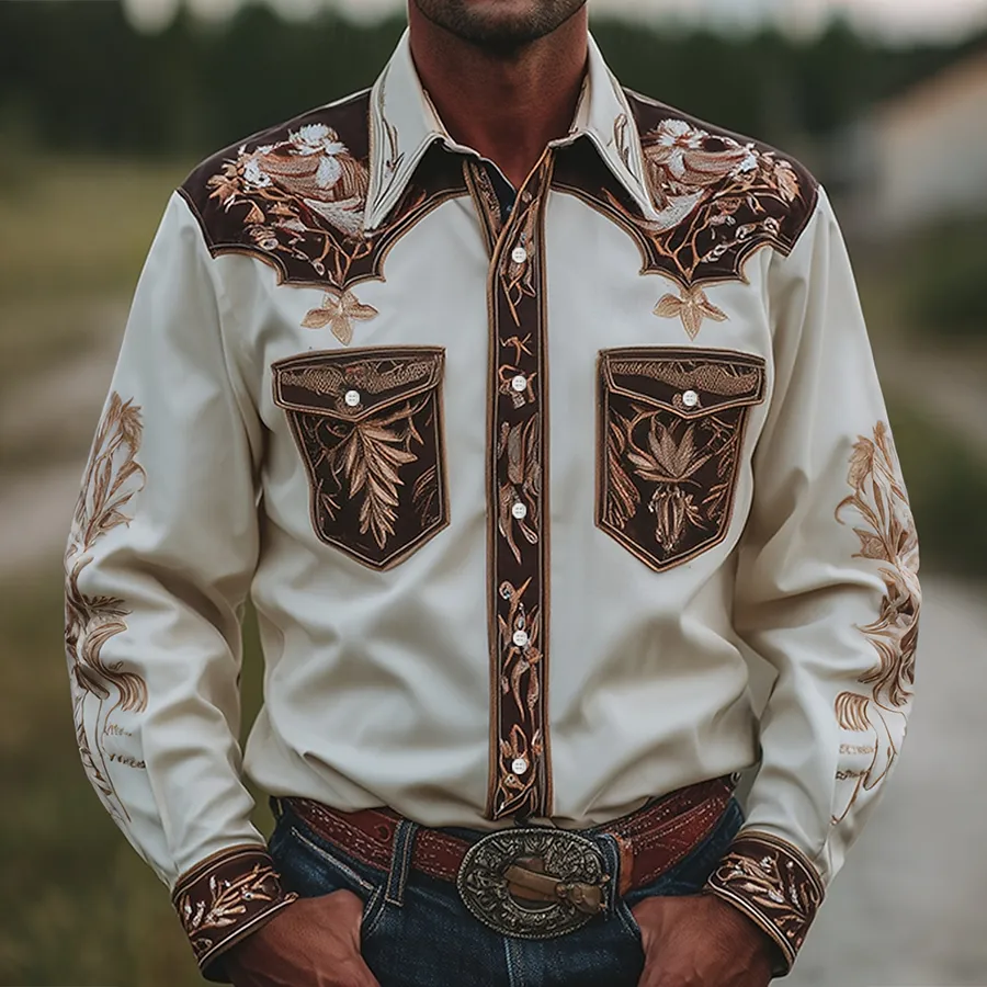 Men's Western Floral Embroidered Long Sleeve Shirt