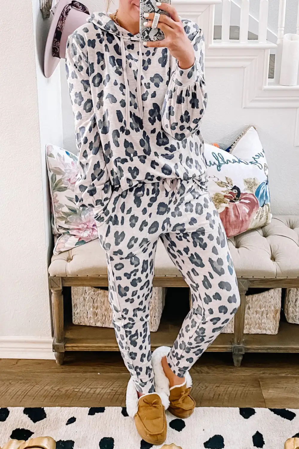 Leopard Print Drawstring Waist Long Pajama Set