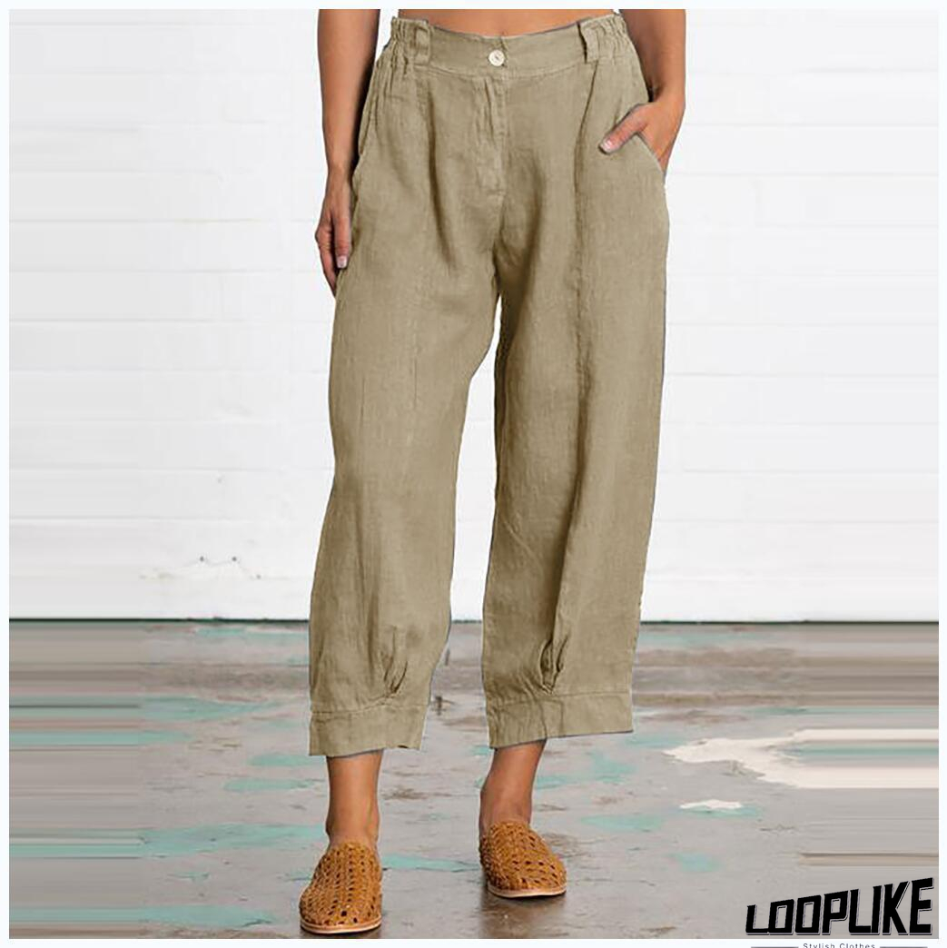 Linen Women Loose Capri Pants With Pockets