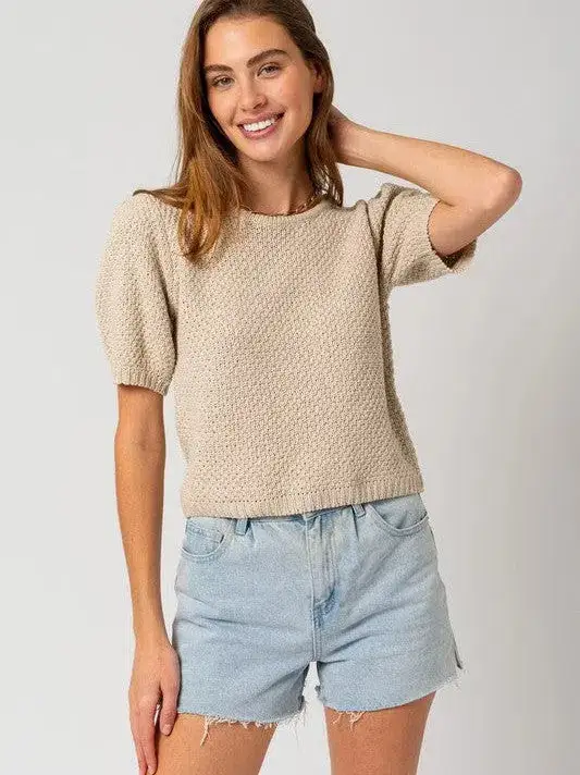 Brown Sugar Oatmeal Puff Sleeve Textured Sweater Top