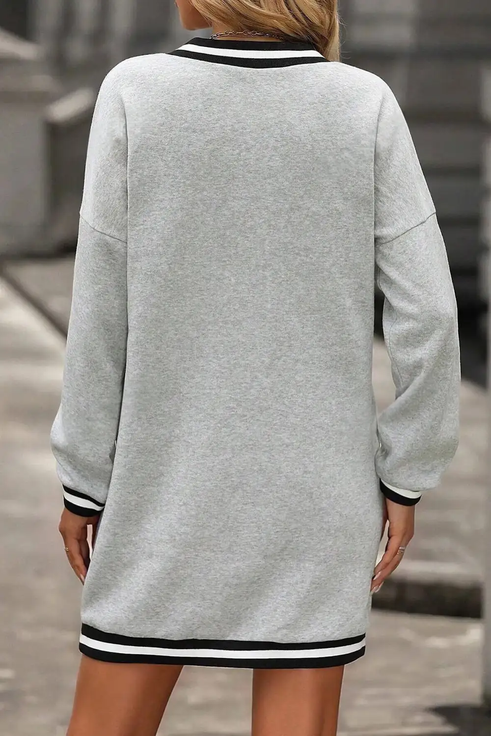Light Striped Trim V Neck Long Sleeve Preppy T Shirt Dress