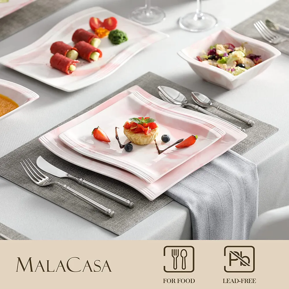 MALACASA Ivory White Dinnerware Sets, 60-Piece Square Dish Set for 12, Porcelain Dishes with Dinner Plates, Dessert Plates and Soup Plates, Cups and Saucers, Modern Dinnerware Oven Safe, Series Flora