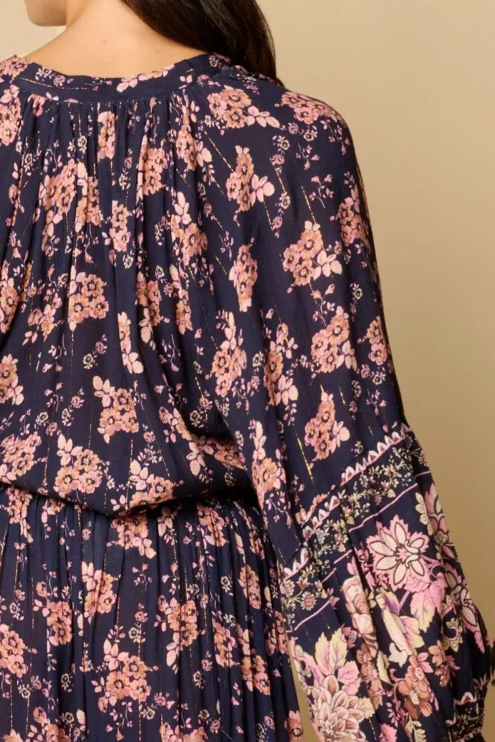 Navy Floral Print Long Sleeve Crop Top