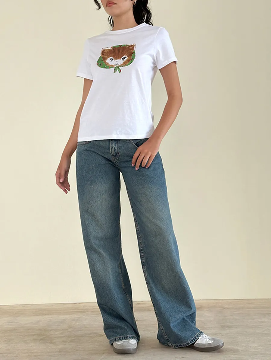 Kitty Print White Tee