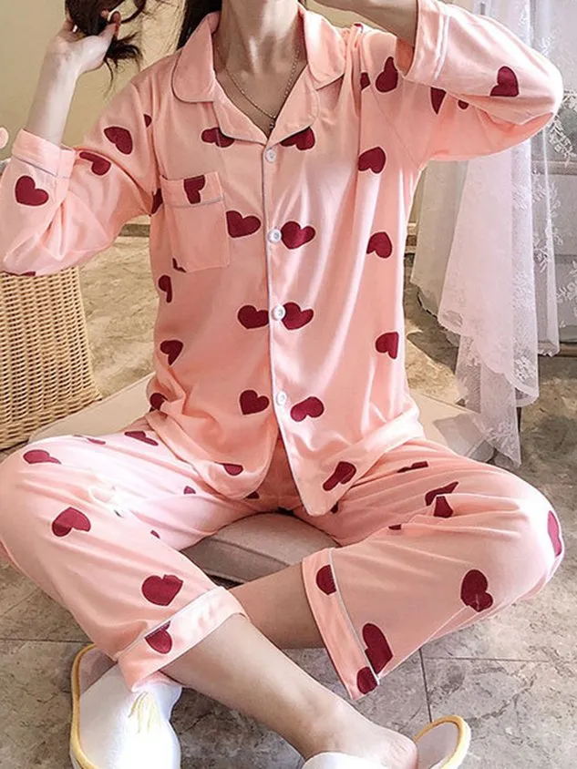 Elegant Shawl Collar Cotton-Blend Pajama Set