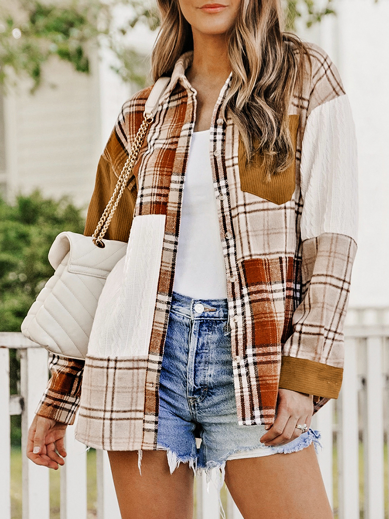 Orange Plaid Color Block Patchwork Shirt Jacket with Pocket