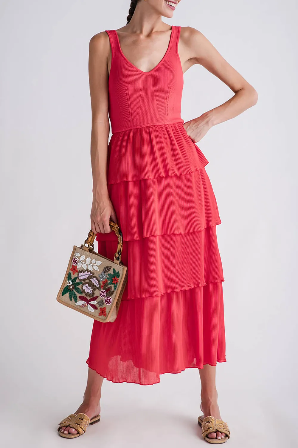 Merci Pleated Tiered Midi Dress - redorange