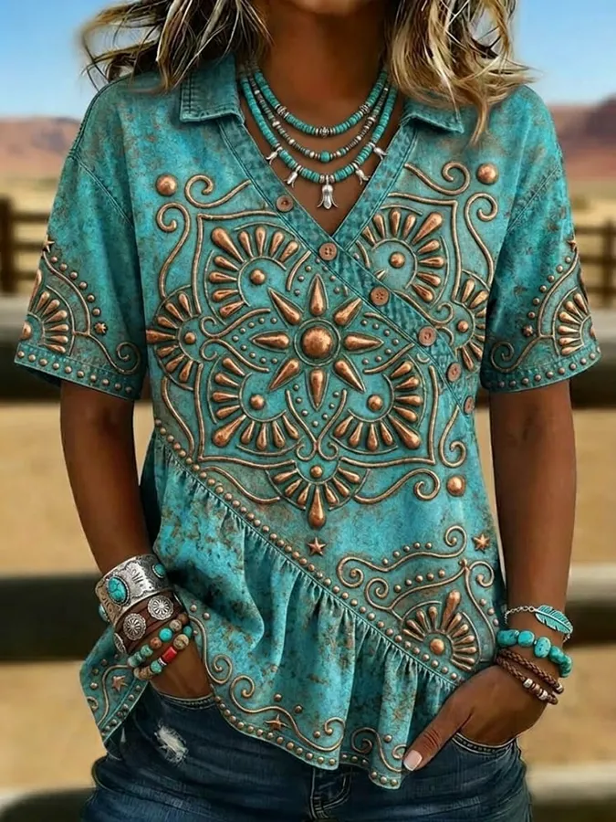 Vintage Western Art Print Casual Ruffles Denim Short Sleeve Shirt