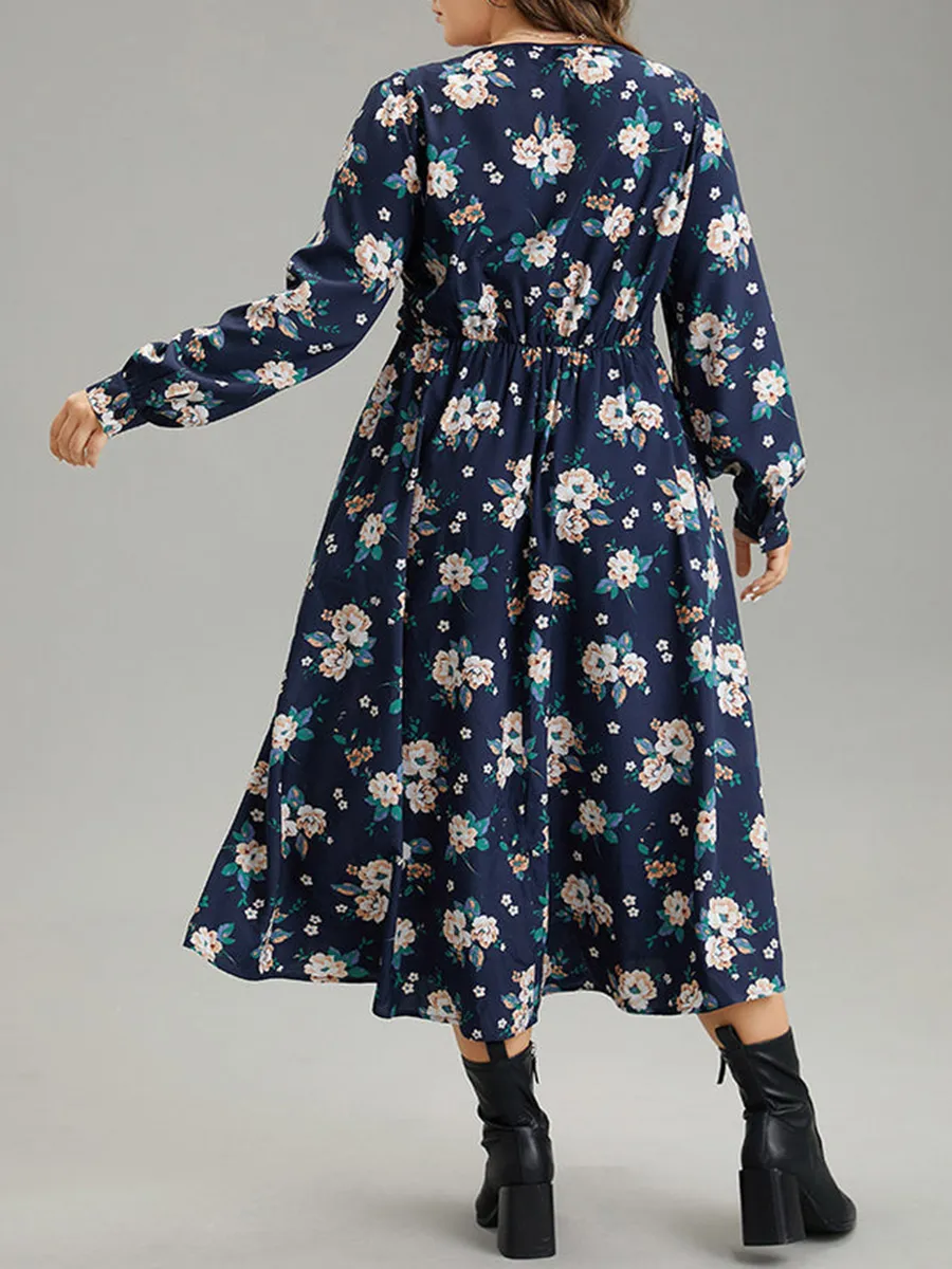 Elegant Senior Waist Cut Floral Dress Midi Skirt