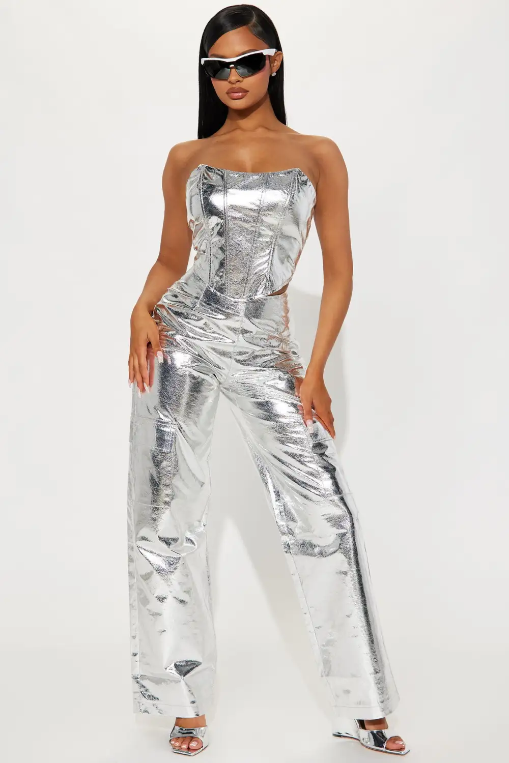 Sadie Metallic Pant Set - Silver