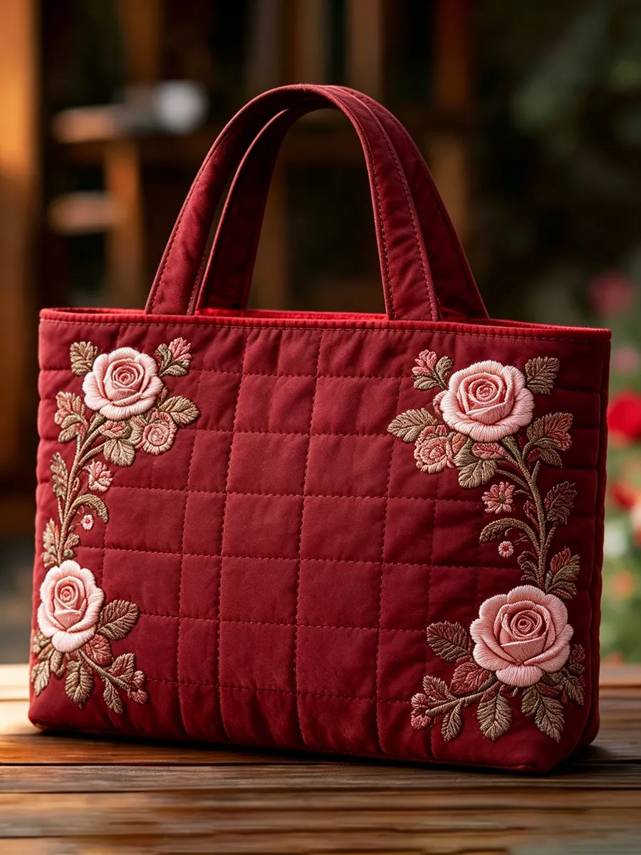 Women's Quilted Cotton Blended Rose Embroidered Tote Bag