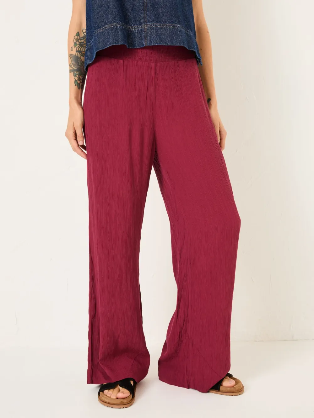 Burgundy Red Shirred Palazzo Wide Leg Trousers