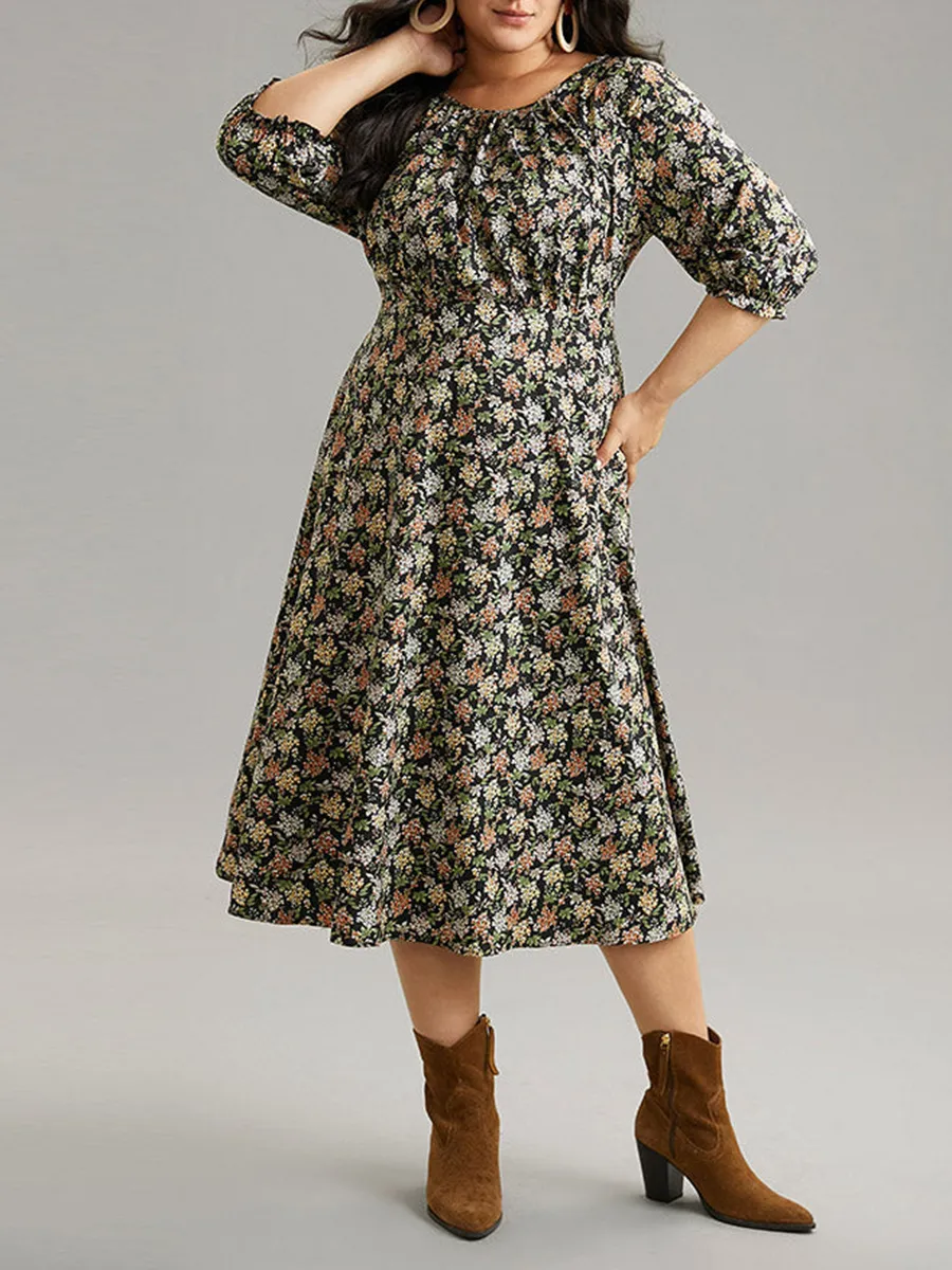 Crew-neck spliced plus-size floral dress for women