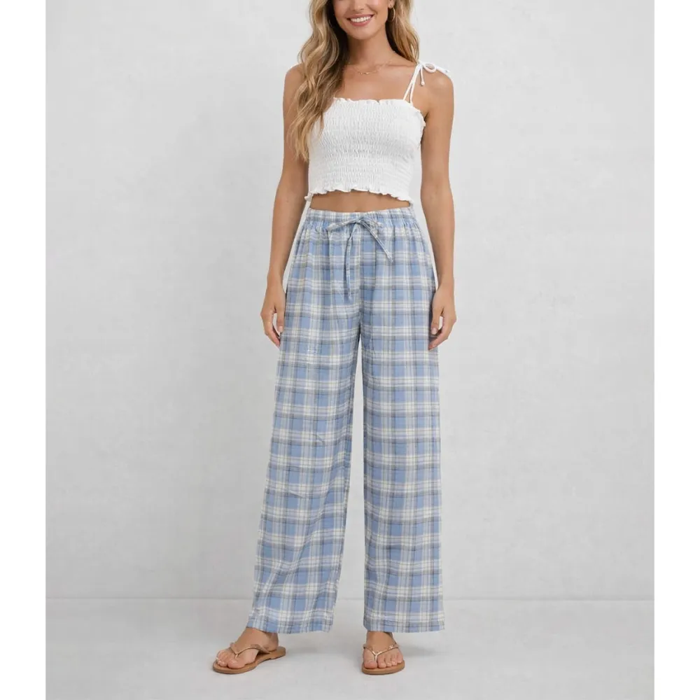 Checked Elastic Waist Drawstring Wide Leg Pants