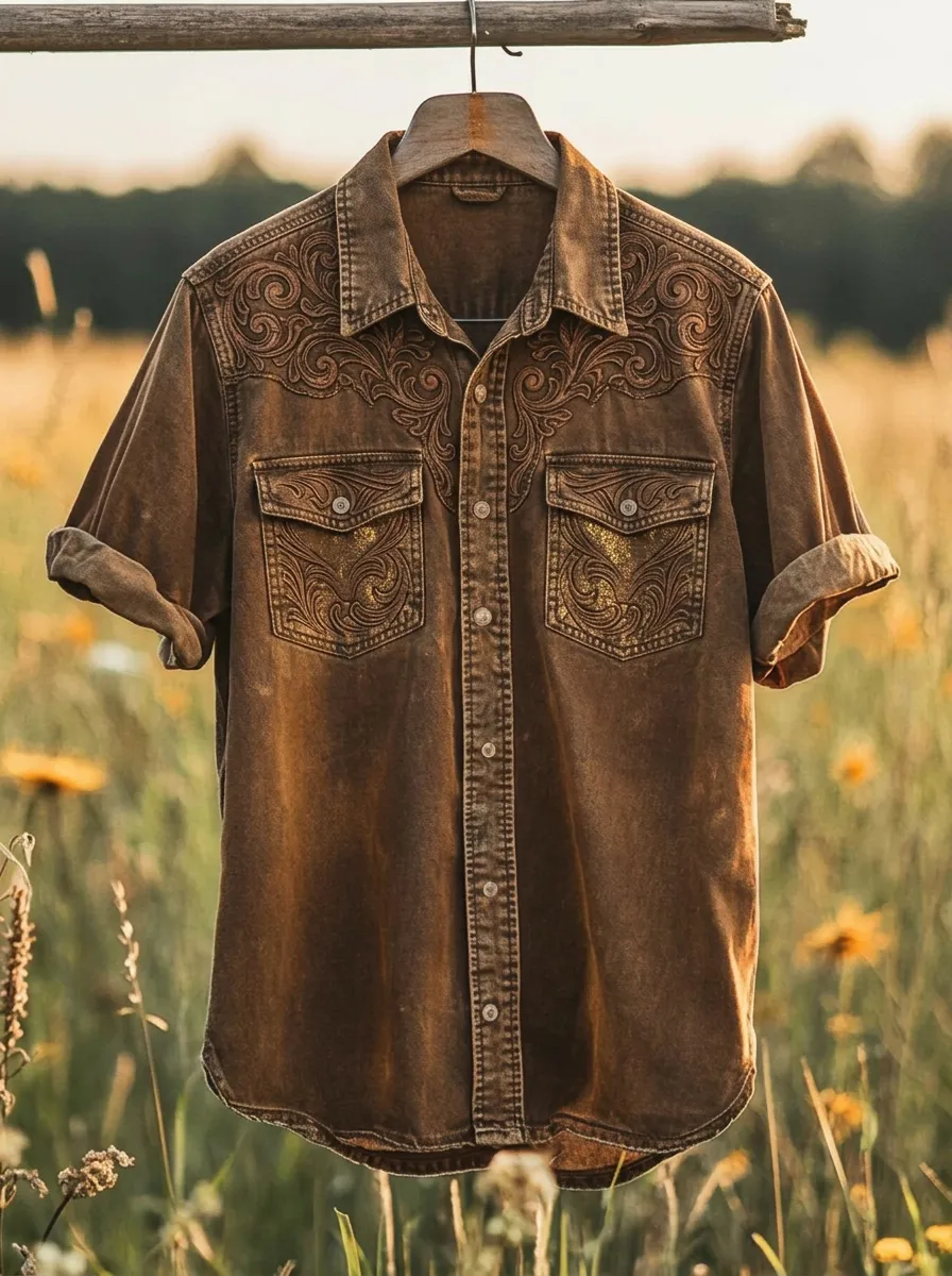 Men's Western Style Floral Tooled Pattern Printed Shirt