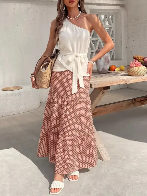 One Shoulder Printed Coordinated Set