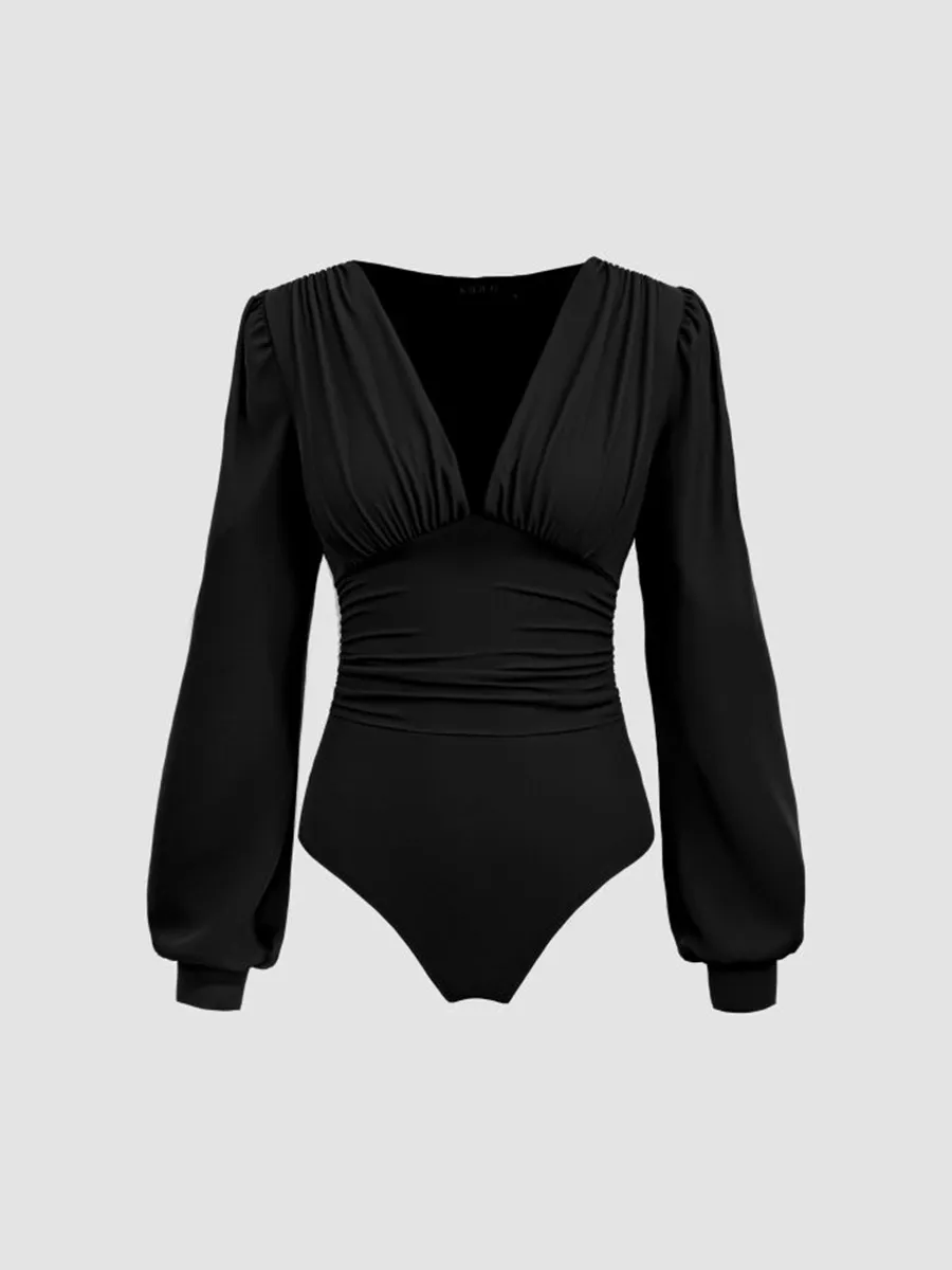 Jersey V-Neck Solid Ruched Bodysuit