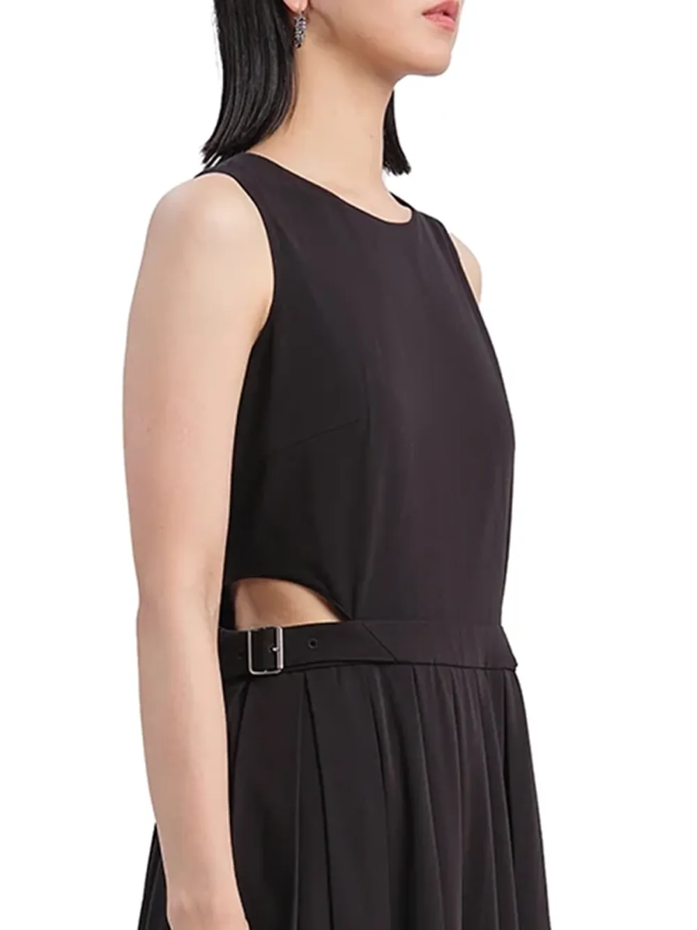 Black Pleated Cut - out Midi Dress