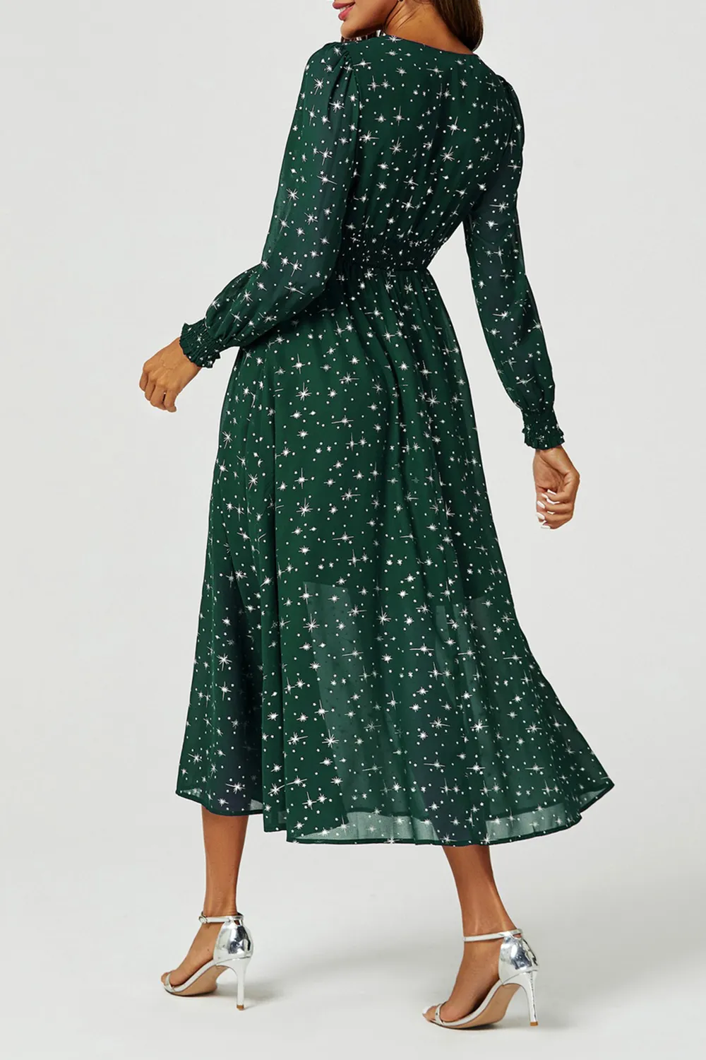 Green Polka Dot Star V-Neck Long Sleeve Maxi Dress