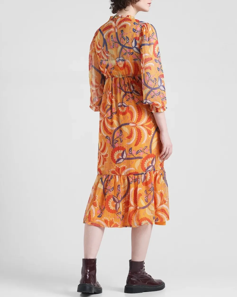 Orange Floral Print Midi Dress