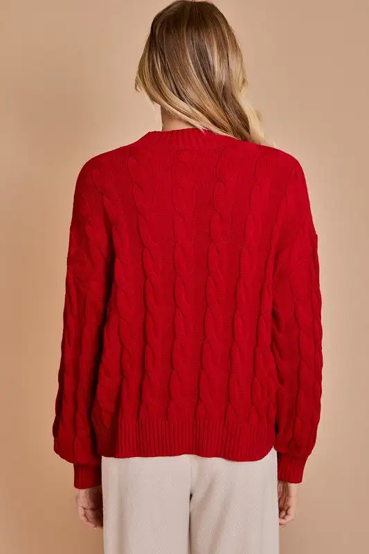 'Falalalala' Mock Neck Pullover Cable Knit Christmas Sweater