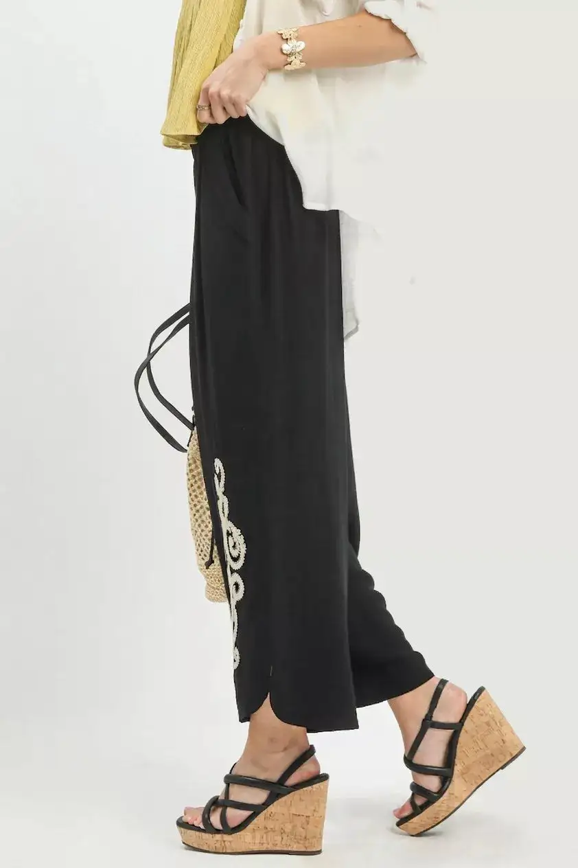 Everyday Linen Embroidered Wide Leg Boho Pants