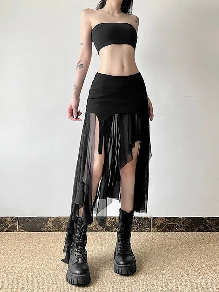 Goth Asymmetric Mesh Mini Skirt