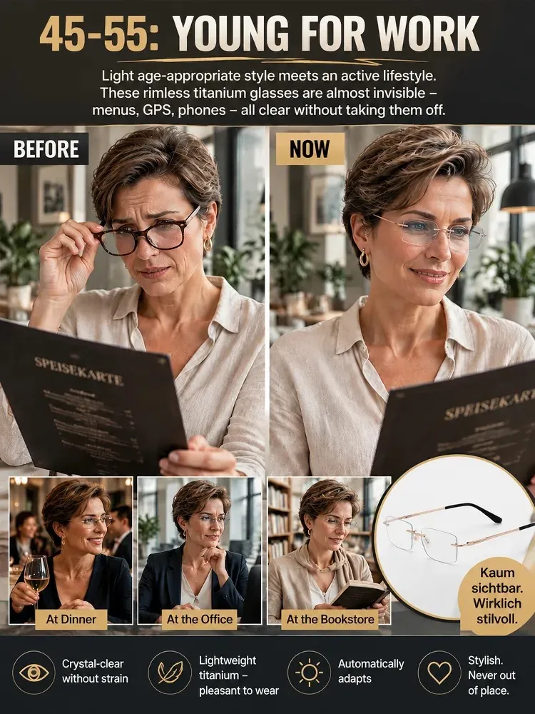 Titanium Frameless Photochromic Blue Light Filter Presbyopic Glasses