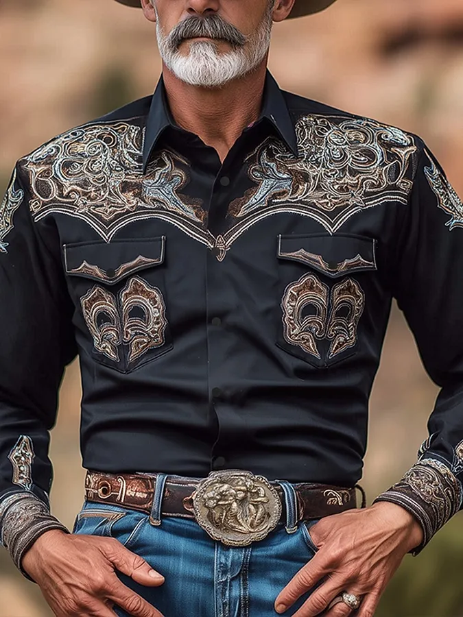 Men's Western Paisley Embroidered Red Long Sleeve Shirt