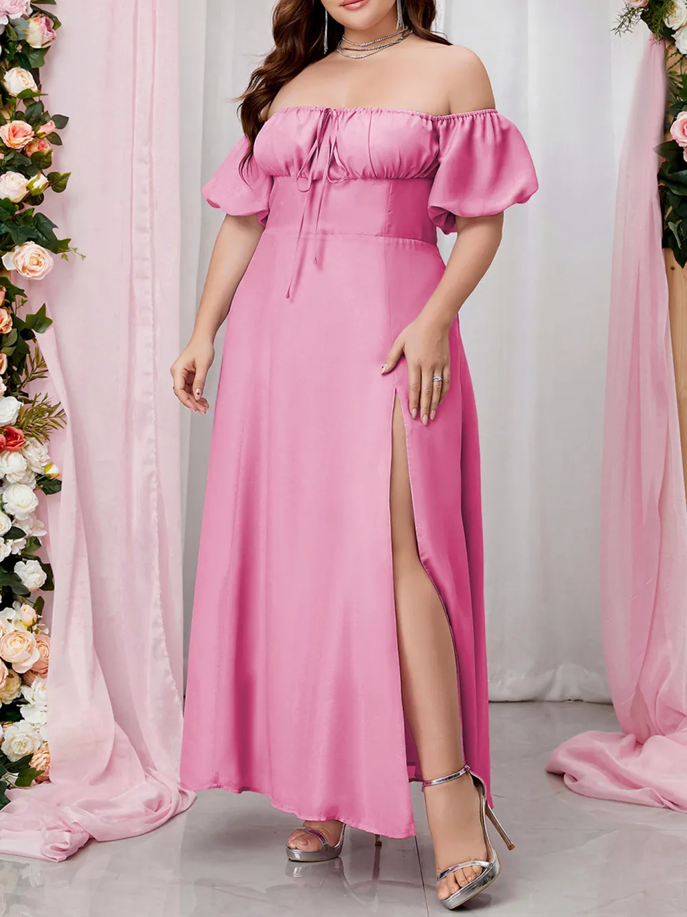 Strapless Dress With Puff Sleeves And High Slits Long Dress Plus Siz