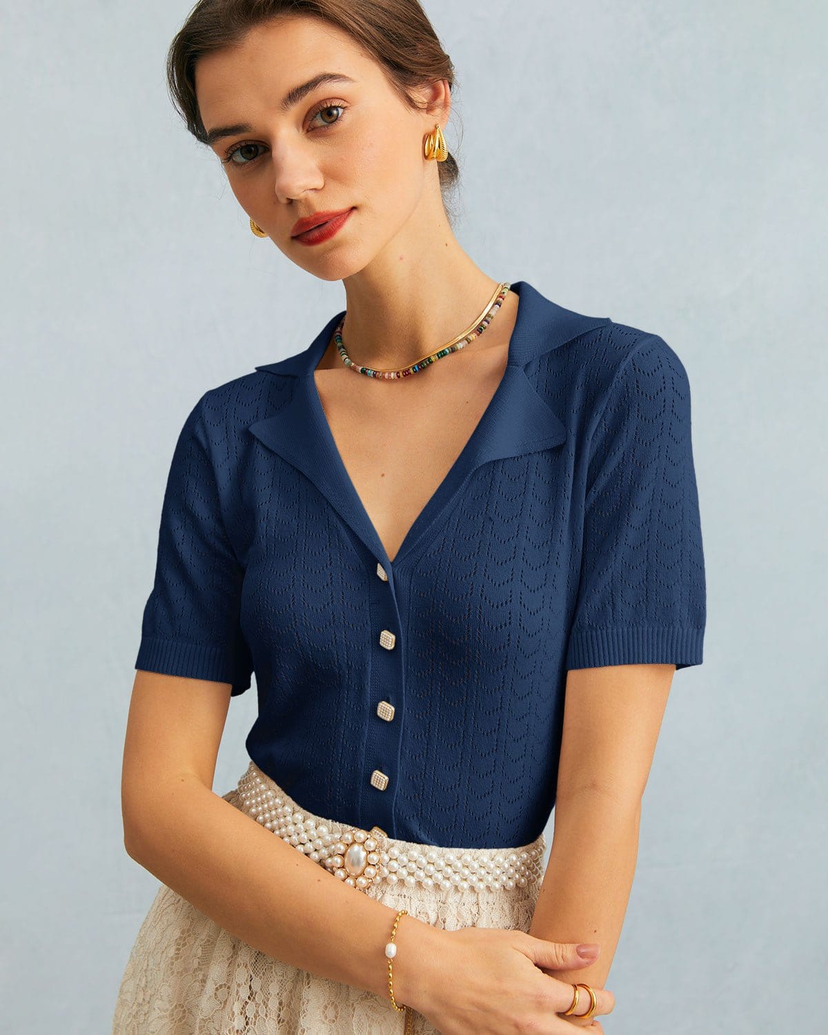 The Navy Collared Pointelle Knit Top