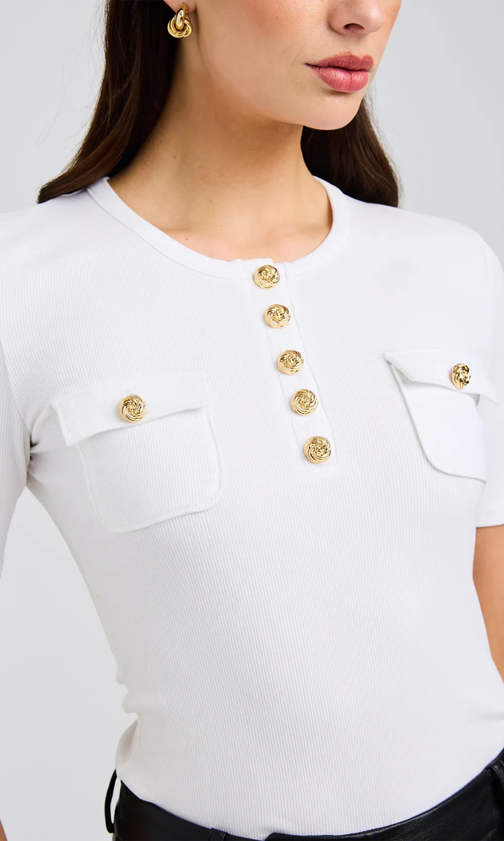 White Casual Top With Chest Pockets