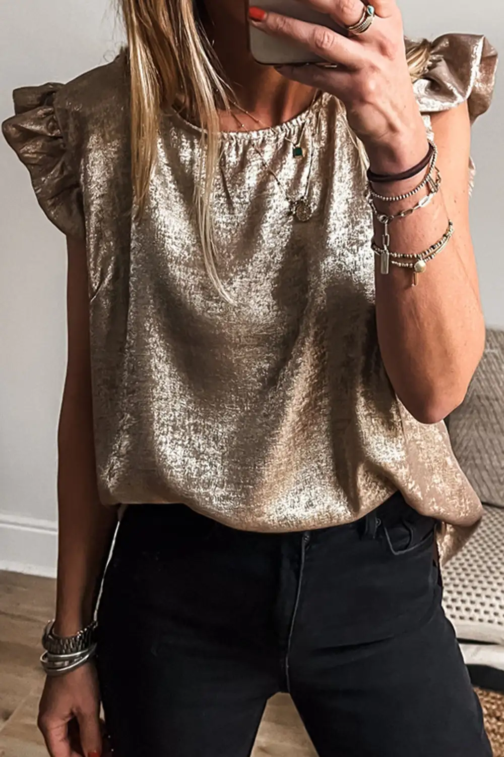 Metallic Round Neck Ruffle Trim Sleeveless Top