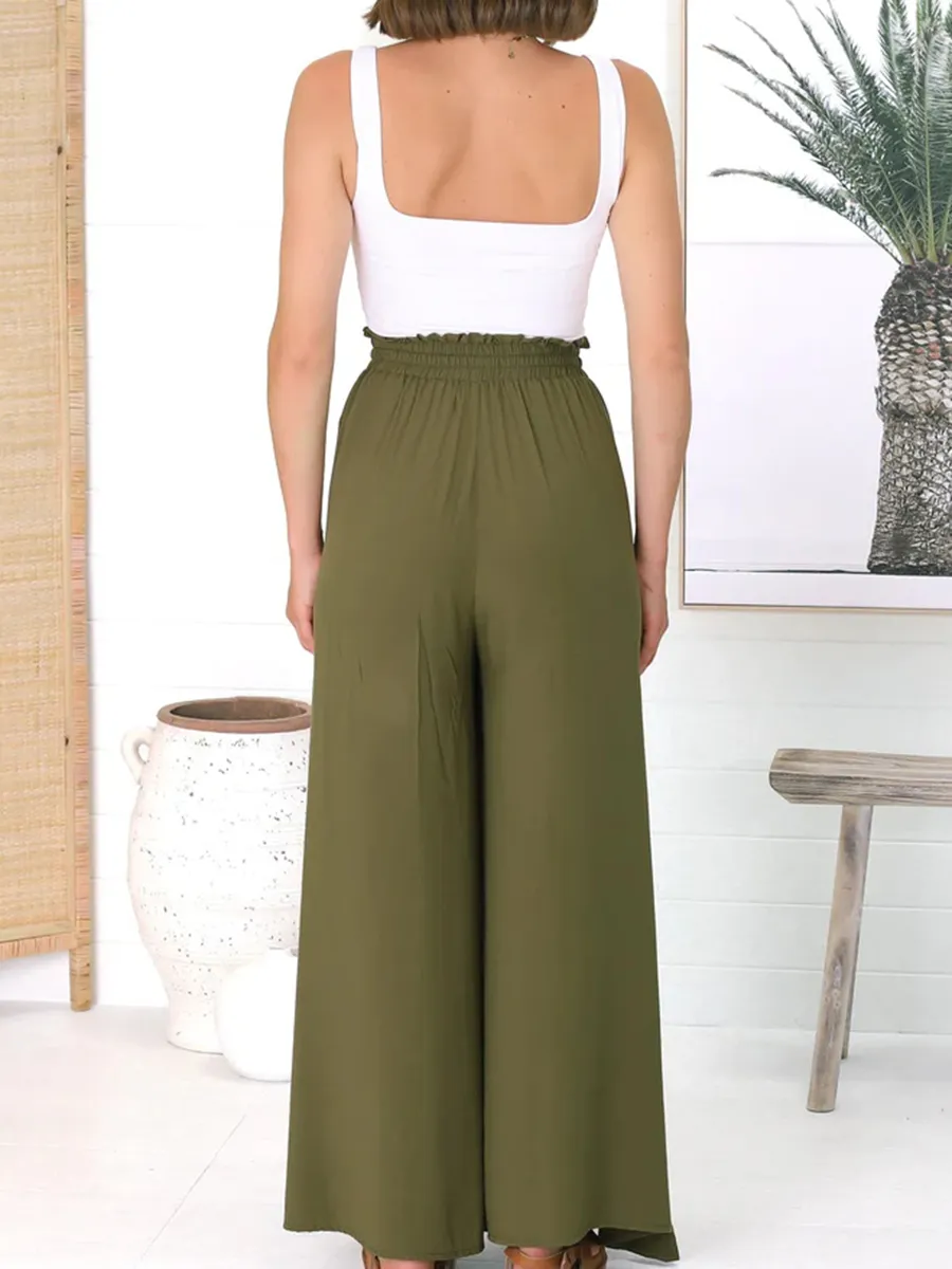 Army green cotton hemp vacation pants wide-leg pants